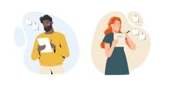 set-characters-taking-notes-man-250nw-2109363791 - SomethingBeautiful!! Illustration of a man in a yellow sweater and a woman in a teal dress, each holding a document, with sticky notes around them.