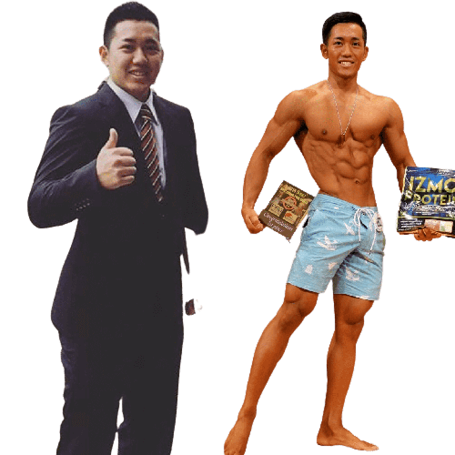 09 - SomethingBeautiful!! Two men side by side: one in a suit giving a thumbs-up, the other shirtless and muscular, holding items like books or boxes.