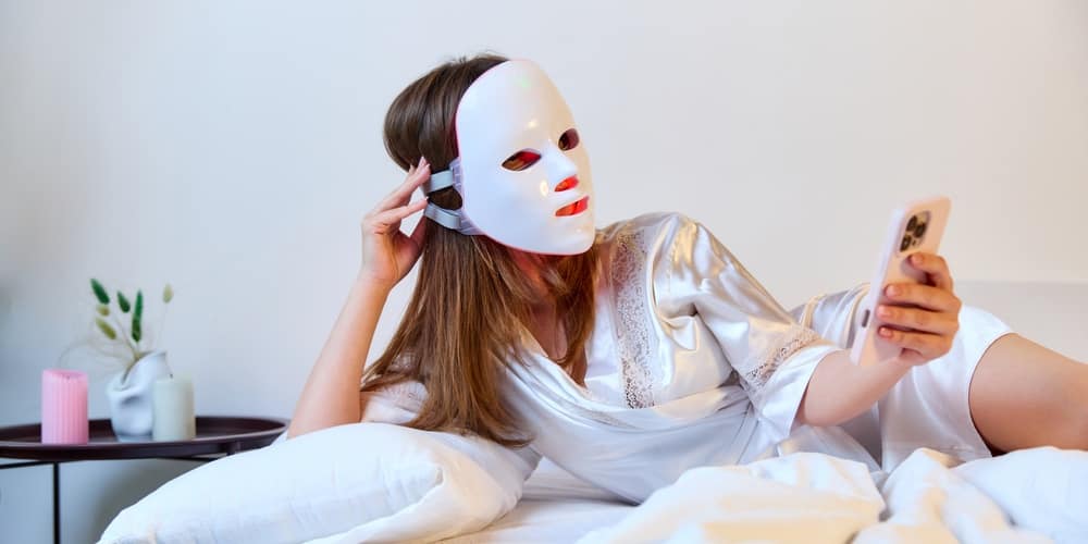 WomanTakesSelfieInBedWhileWearingLedFacialMask - SomethingBeautiful!! Person in a white mask lying on a bed in a satin robe, taking a selfie with a smartphone in a softly lit bedroom.