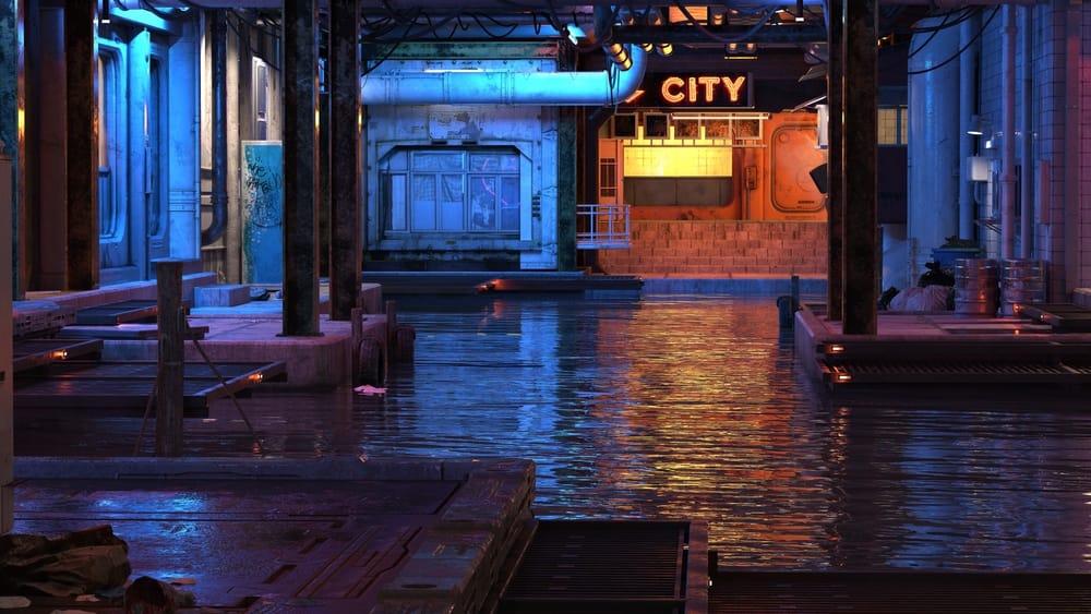 GrungyCyberpunkCityUrbanWaterfrontCinematicLandscapeScene3dIllustration - SomethingBeautiful!! Neon-lit urban alley with a flooded street reflecting blue and orange lights, industrial platforms and pipes, and a glowing 'CITY' sign in the distance.