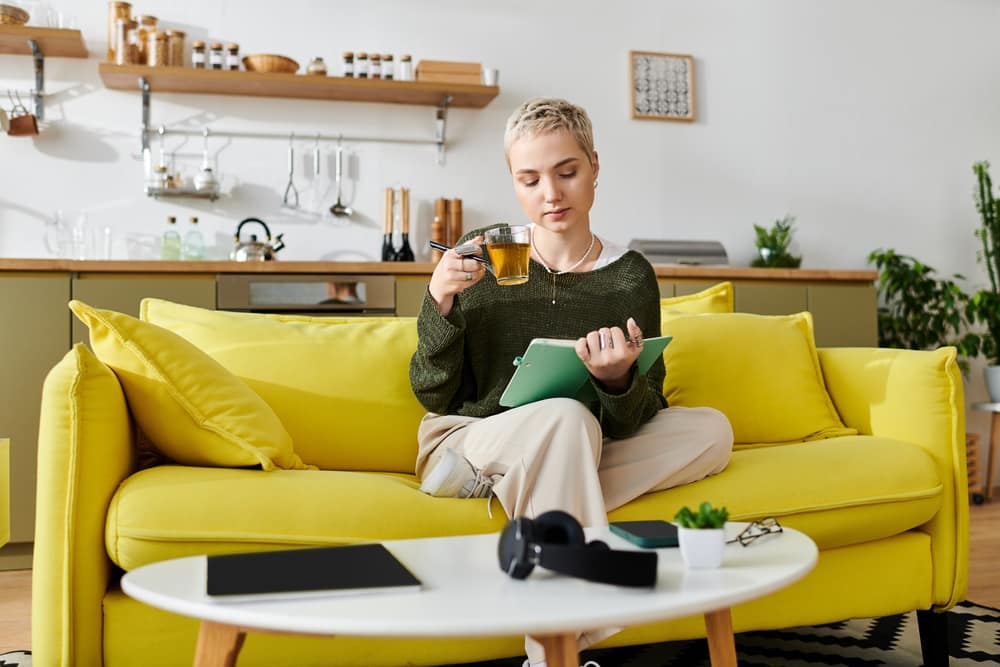 YoungWomanRelaxesAtHomeOnAYellowSofaSipping - SomethingBeautiful!! Woman with short blonde hair sits on a bright yellow sofa, sipping tea and looking at a green tablet in a modern living room/kitchen setup.