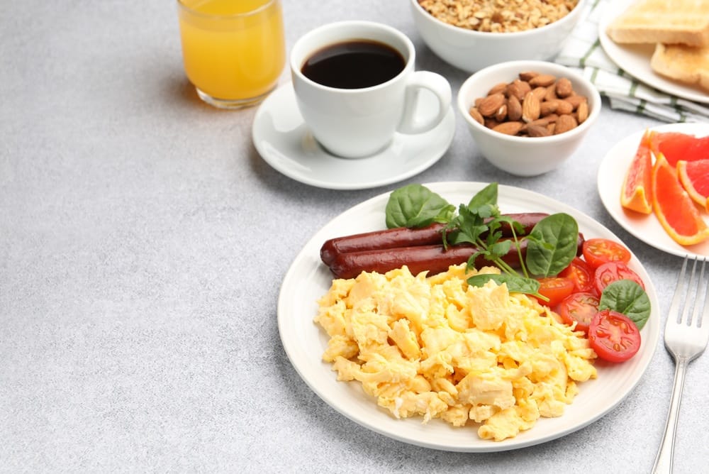 TastyBreakfastDeliciousScrambledEggsWithSausagesAndTomatoesOn - SomethingBeautiful!!