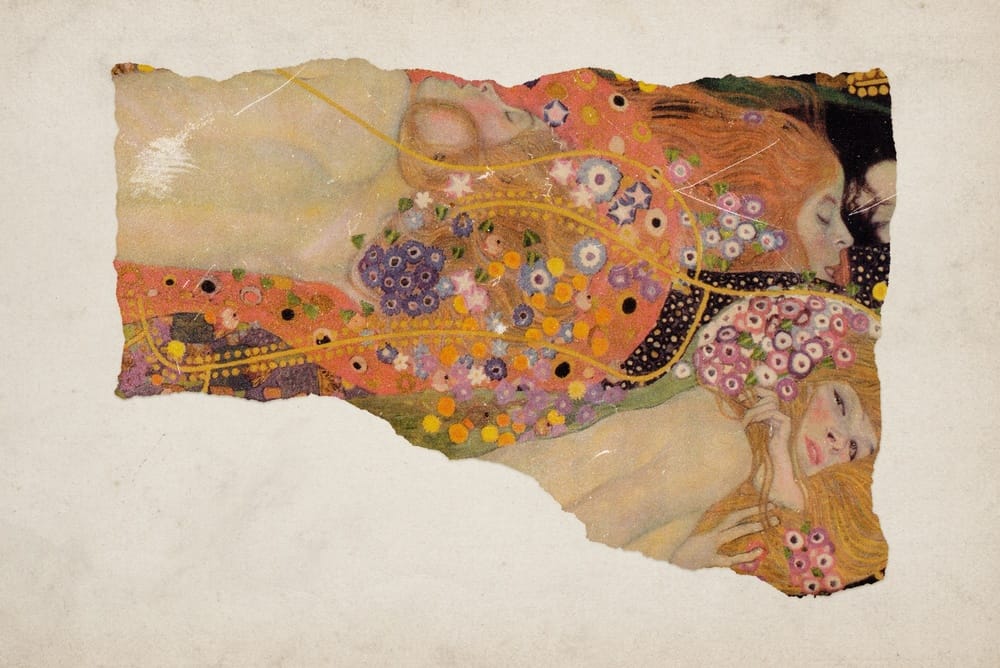 GustavKlimtsWaterSerpentsIi1907OnRippedPaper - SomethingBeautiful!! Torn decorative print in Klimt-inspired style, showing two women entwined among colorful flowers and swirling patterns.