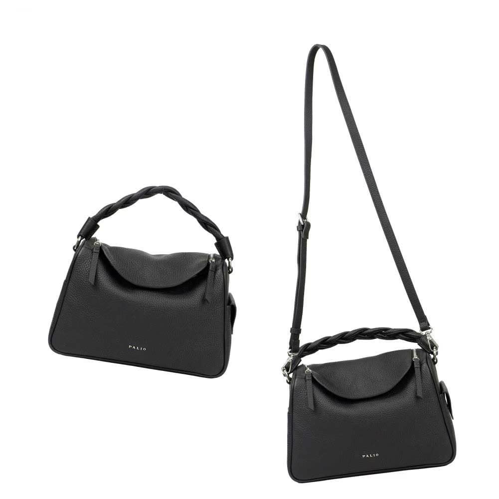 2_000000001353 - SomethingBeautiful!! Black leather Palio handbag with a braided top handle and detachable strap, detailed by silver hardware.