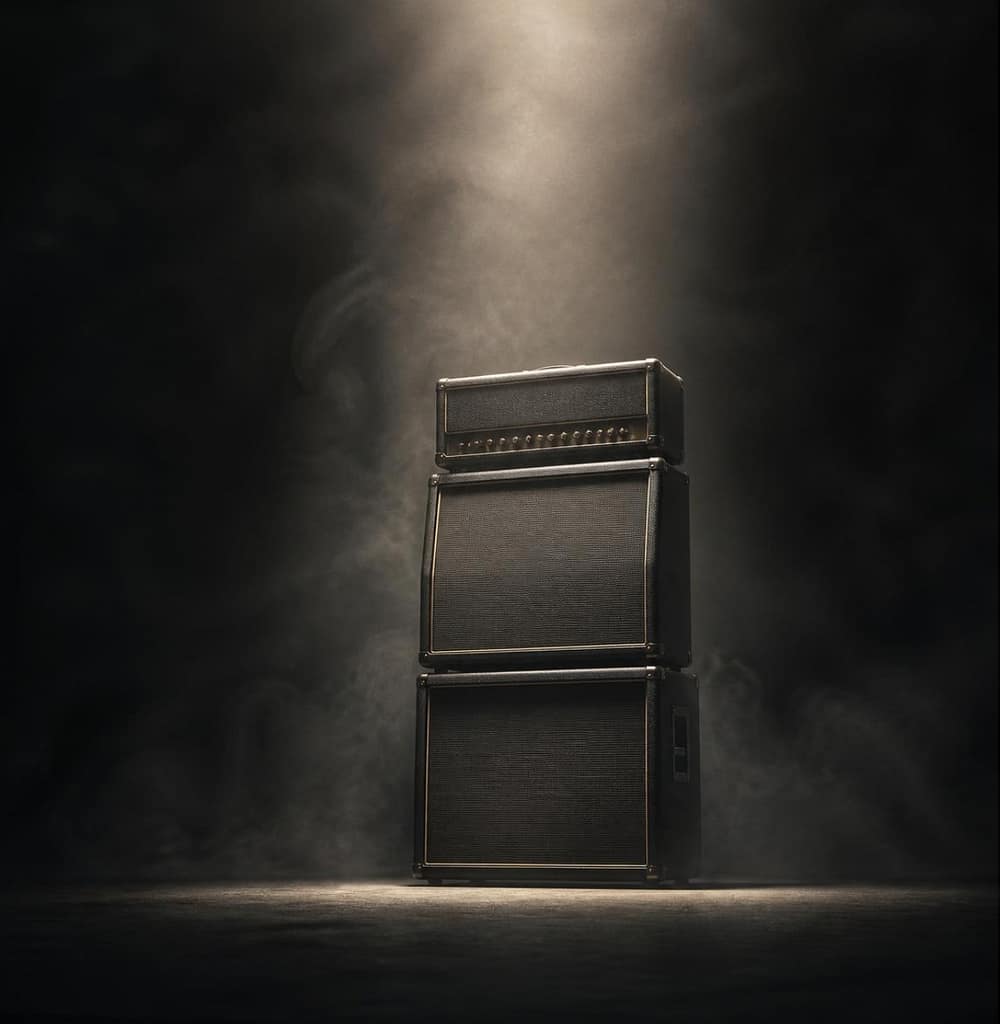 暗いステージのギターアンプ - SomethingBeautiful!! Stack of black guitar amplifiers on a dim, smoky stage with a single spotlight overhead.