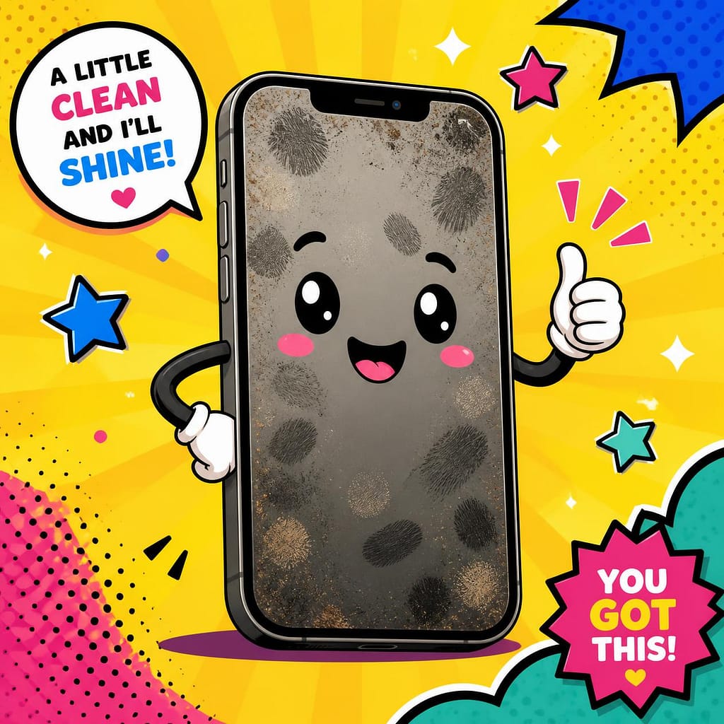 親しみやすいカートゥーン風のイラスト画面が汚れているスマートフォンを1台かわいく元気な表情で描く背景は少しアレンジしたポップで明るいデザイン - SomethingBeautiful!!