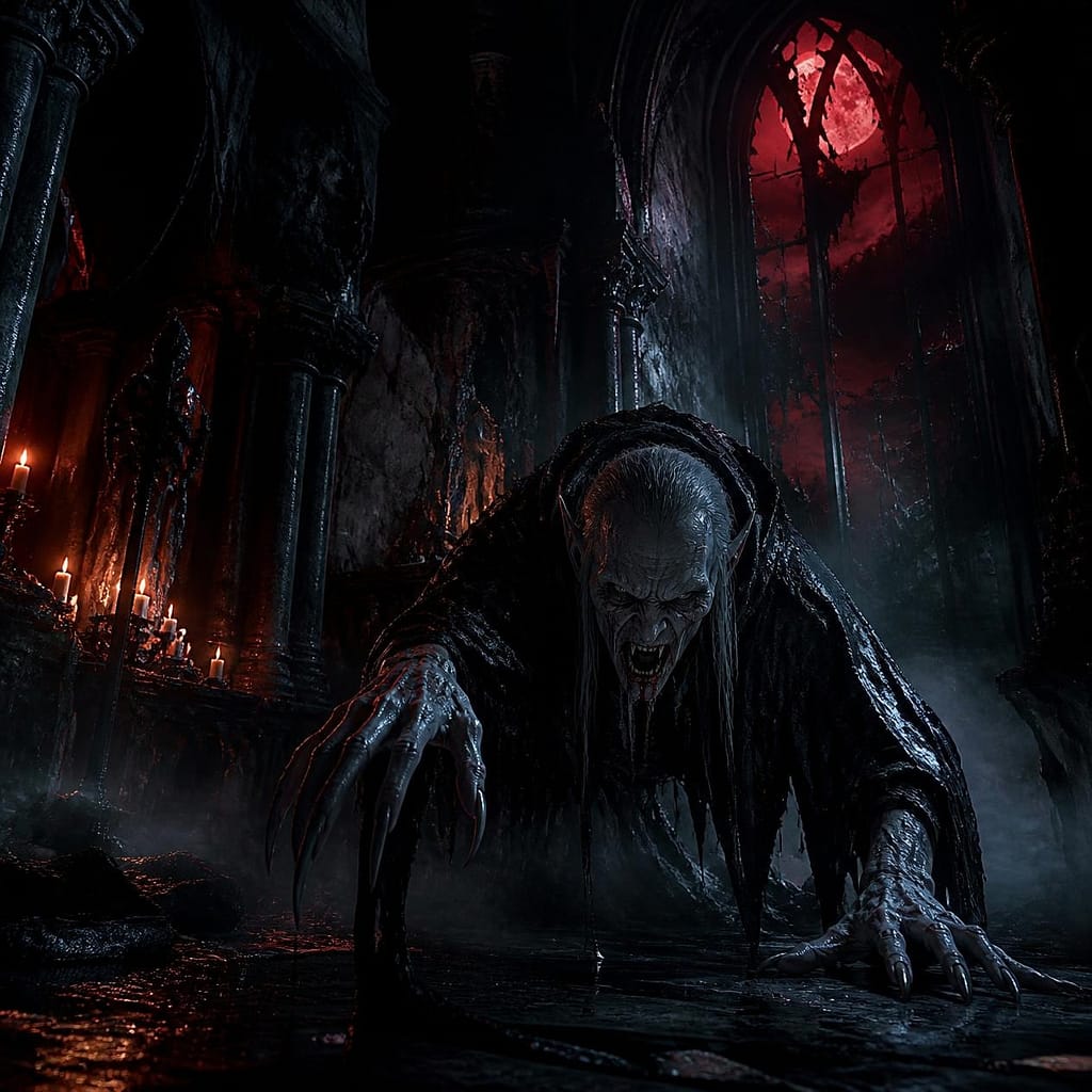 暗いステージのギターアンプ 1 - SomethingBeautiful!! Demonic creature with pale face and long claws crawls toward the viewer in a dark gothic cathedral lit by candles and a red moonlit window.