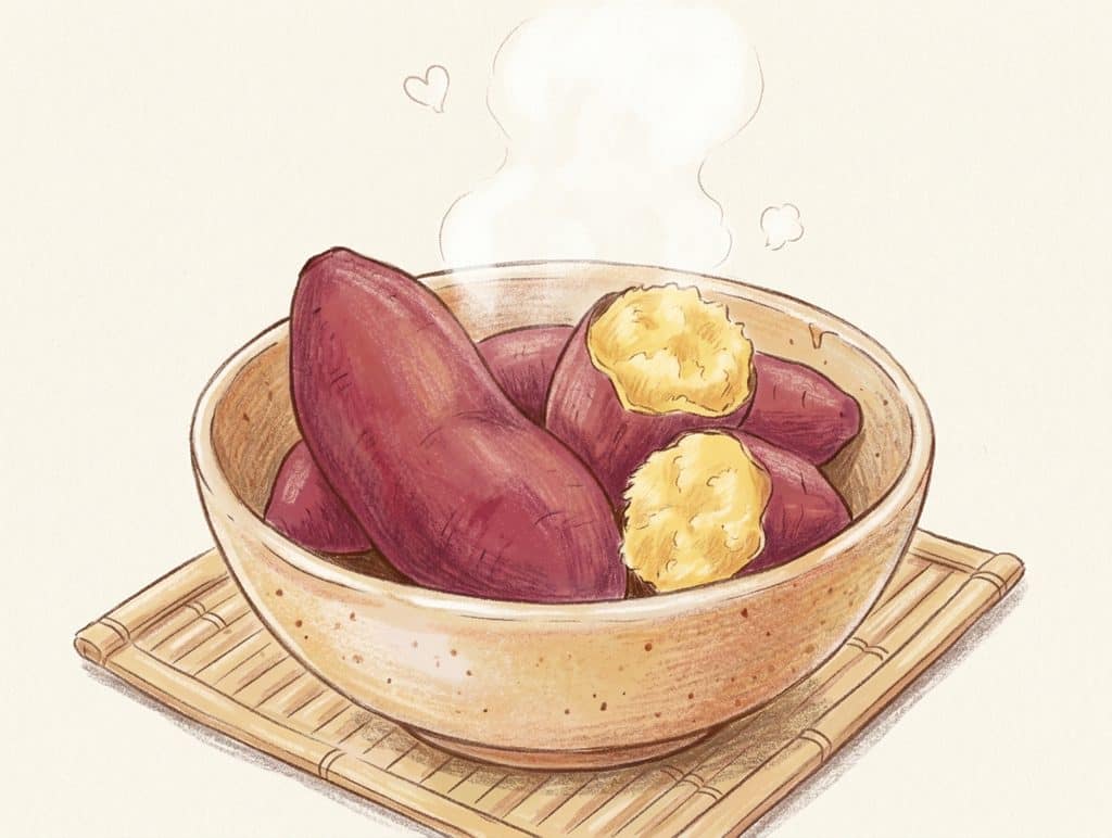 参考写真をもとにしたかわいいタッチのイラストあたたかみのあるお茶碗に美味しそうな蒸し芋をいくつか盛り付ける蒸し芋は赤紫色の皮と割れ目から見えるほくほくした黄金色の中身を表現し湯気がふんわり立ちのぼるやさしい色合い丸みのある形親しみやすい手描き風の表現清潔感のあるシンプルな背景写真そのものではなくイラストとして描く - SomethingBeautiful!! Bowl of steaming purple sweet potatoes on a bamboo mat.