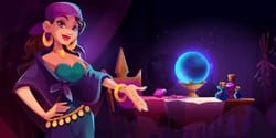 cartoon-fortune-teller-gypsy-woman-250nw-2664521221 - SomethingBeautiful!! Cartoon female fortune teller in purple attire points at a glowing blue orb on a candlelit table.