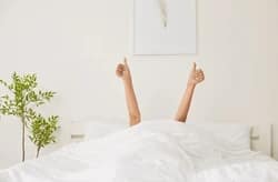 female-person-waking-morning-lying-250nw-2523148587 - SomethingBeautiful!! Person in bed under white bedding, arms raised in a stretch as they wake up in a bright room, with a plant nearby.