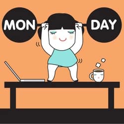 start-monday-strong-concept-character-250nw-539835094 - SomethingBeautiful!! Cartoon character lifts a barbell labeled MONDAY on a desk beside a laptop and a steaming mug; orange background.