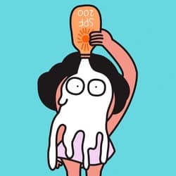 funny-young-woman-applying-much-250nw-2504875587 - SomethingBeautiful!! Cartoon person with black hair and glasses raises an orange bottle overhead against a teal background.