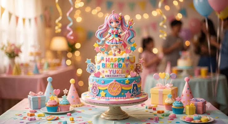 images - 2026-09-19T011448368 - SomethingBeautiful!! Colorful birthday cake with a pink-haired anime character topper, surrounded by cupcakes, confetti, and pastel party décor at a celebration.