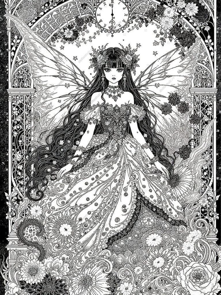 stock-photo-a-mystical-fantasy-fairy-girl-with-dark-hair-in-an-elaborate-dress-made-of-swirls-flowers-and-2704164745 - SomethingBeautiful!! Intricate black-and-white illustration of a floral fairy in an ornate gown with long flowing hair and large wings, standing under a decorative arch with a clock above.